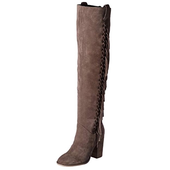 Leather Taupe Over The Knee Block Heel Fringe Boot - Picture 2 of 6